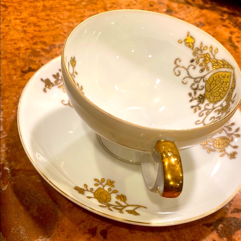 Antique Elegant Ucagco Japan White & Gold Bone China gilded teacup & saucer